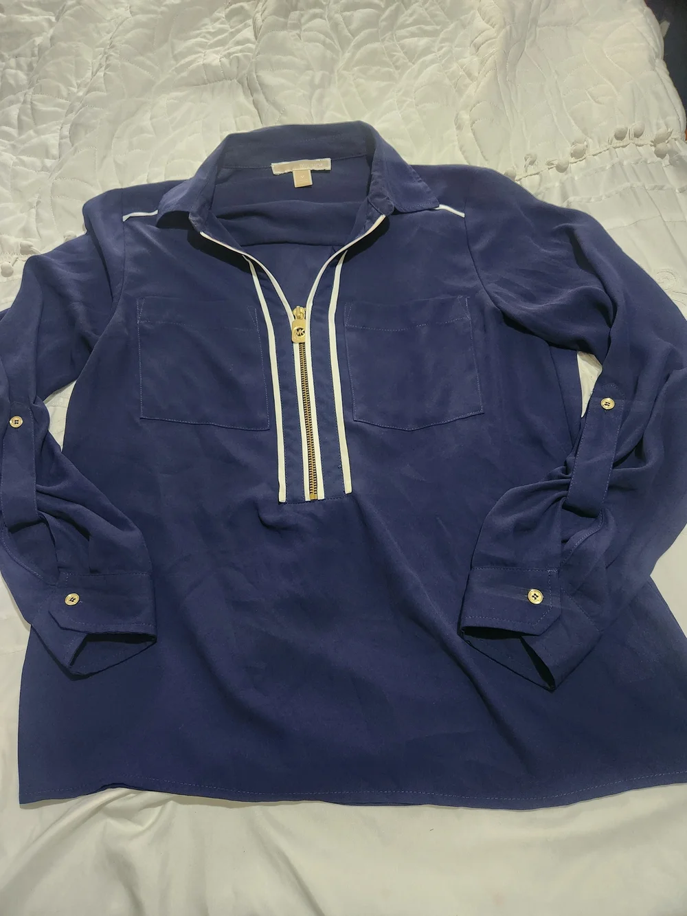 Michael Kors Navy Popover Blouse with White Trim and Gold Zip